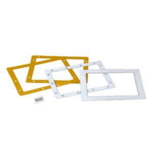 Skimmer renovation kit for pool skimmers, includes white and gold frames for easy replacement.