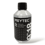 Buffer solution bottle for pH calibration testing.