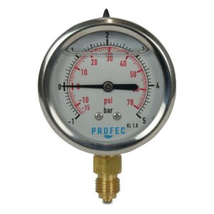 Manomètre Profec 63 mm, filetage mâle, -1 à 1,5 bar, à glycérine, raccord inférieur 1/4" — principal